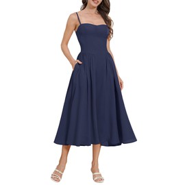 ABEHIK Corset Sundress for Women 2024 Bustier Flowy Midi Dress Spaghetti Strap Backless Casual Low Cut Summer Wedding Guest Cocktail Homecoming Party Dresses with Pockets Vavy Blue XL