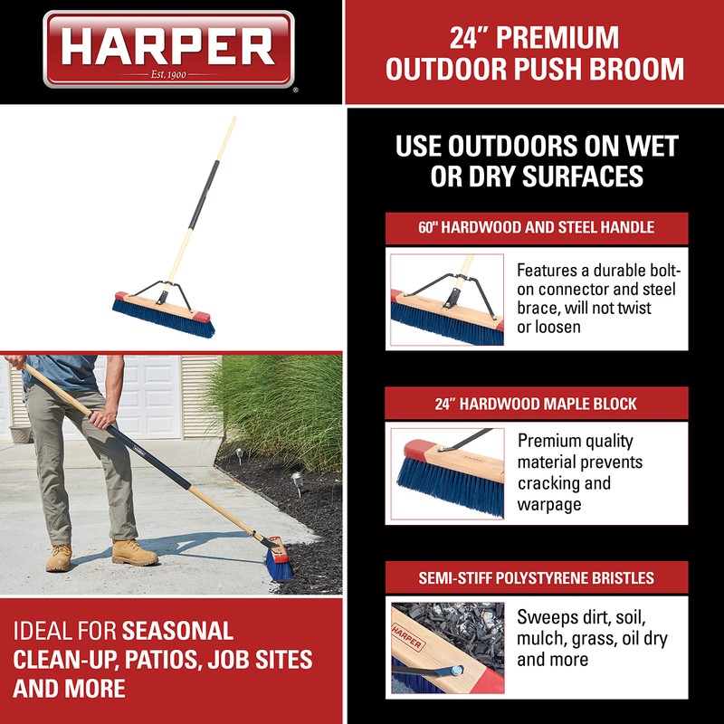 Harper 24 Inch Push Broom with Stiff Bristles, Premium Heavy