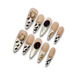 Yabonica Rhinestone French Tip Press On Nails Coffin, 10 Pcs Reusable Salon Traditional False Nails with Glitter & Charm Design for Women & Girls (055, M)