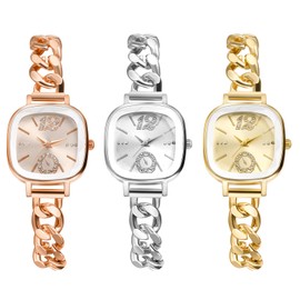 JewelryWe Women's Watches Elegant Analogue Quartz Wrist Watch Rhinestone Rectangular Casual Watch with Triple Curb Chain Bracelet, Narrow curb chain - set of 3