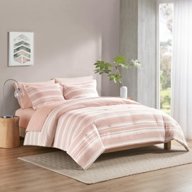 Codi Pink and White Queen Comforter Set with Sheets, Bed in a Bag for Women, 7 Piece Complete Bedding Sets with 1 Striped Comforter, 2 Pillow Shams, Flat Sheet, Fitted Sheet and 2 Pillowcases