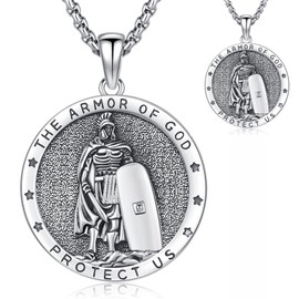 Thanches Put On the Whole Armor of God Necklace for Men Women, 925 Sterling Silver Knight Armor Medals Christian Necklace Pendant Protection Jewelry Gifts (Men The Armor of God)