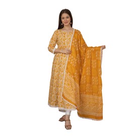 Meera Fab Women's Cotton Printed Blue Anarkali Kurta With Palazzo & Dupatta, Yellow, XX-Large