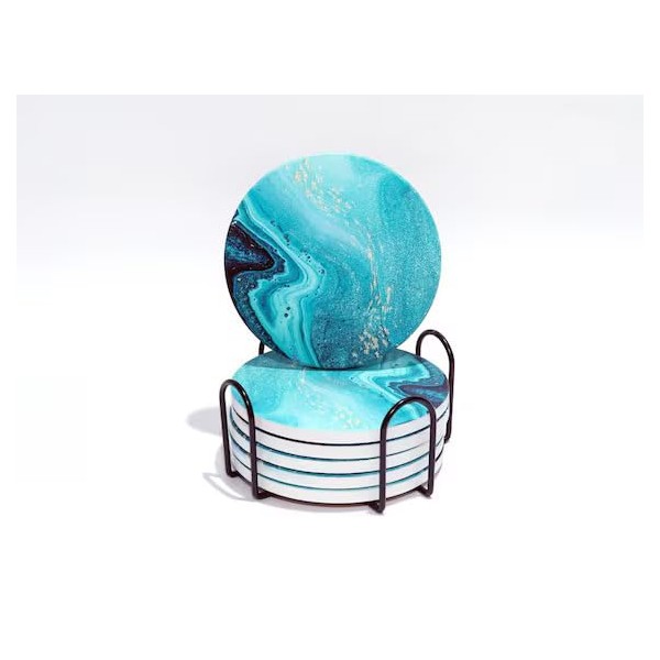 Set of 4 Ceramic Drink Coasters Teal Blue Turquoise Marble