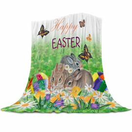 Happy Easter Blanket Easter Rabbit Bunny Eggs Spring Easter Throw Blanket Soft Lightweight Durable Flannel Blanket for Bed Sofa Couch Camping Travel 60"x80"