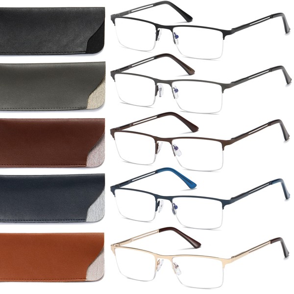 LOUOL Reading Glasses for Men, Blue Light Blocking Readers, Half Frame Metal Readers Spring Hinge Lightweight Anti Glare Uv Filter, 5-Pack +2.25 Strength
