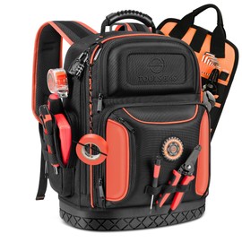 Tool Backpack Bag, Durable Electrician Backpack Tool Bag for HVAC with Waterproof Molded Base, Construction Work Heavy Duty Tools Organizer Bags with Combination Lock Large - Red