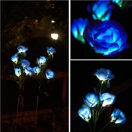 Decorman Solar Garden Rose Lights, 2 Pack Realistic Solar Outdoor Flower Lights Waterproof LED Stake Landscape Decorative Lights with 10 Roses for Garden, Lawn, Yard, Pathway, Patio, Backyard (Blue)