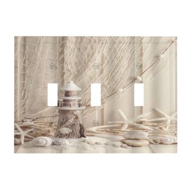 Nautical Coastal 3 Gang Light Switch Covers Seashell Fishing Net Ocean Lighthouse Starfish Triple Toggle Wall Plate Decorative Switchplate Electrical Faceplate Beach Theme Decor