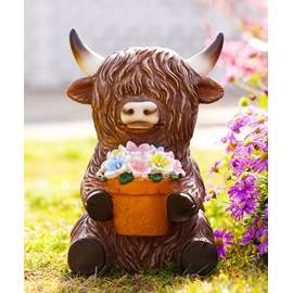 Yeomoo Highland Cow Sculpture Cow Figures with Solar Lights Garden Decoration Room - Funny Highland Cow with Flower Basket Garden Figures - Cow Gifts for Men Women Mum Weatherproof Garden Balcony