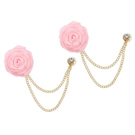 MECCANIXITY Bridegroom Brooches Rose Flower, Size 1.57 inch inch Cloth Alloy Lapel Pin with Tassel Chain/Suit Stud for Wedding Men' Suit Accessories, 2 Count Pink