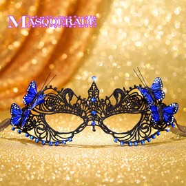 Yalice Butterfly Masquerade Masks Women Lace Eye Mask Black Costume Mask Sparkle Beaded Venetian Ball Mask for Roleplay (Blue)
