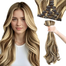Vlasy Hair Extensions Clip in,7PCS Wavy Clip in Extensions,20 Inches Long Synthetic Clip on Hair Hairpiece Full Head for Women Girls(10/613#)