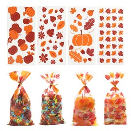 100Pcs Thanksgiving Clear Candy Cookie Bags Autumn Pumpkin Maple Leaf Acorn 4.9x10.6 Inch Snack Bags with Gold Twist Ties Party Treat Cellophane Gift Favor Bags (Maple Leaf A)