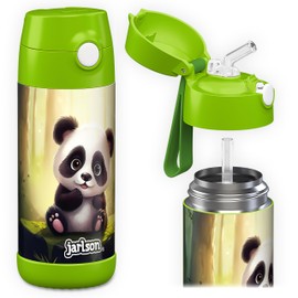 JARLSON® Charli Children's Stainless Steel Water Bottle with Straw - Thermos Flask 350 ml - TÜV Tested - BPA Free - Leak-Proof - Thermal Water Bottle for School, Nursery - Panda, 350 ml