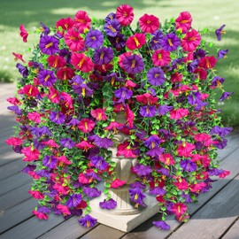 4PCS Artificial Fake Hanging Flowers Plants for Outdoor Summer Decor, UV Resistant Faux Morning Glory Eucalyptus Realistic Silk Petunias for Planter Porch Garden Balcony Yard Indoor (Purple Fuchsia)