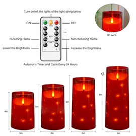 Flameless Candles,with Embedded Star String, with Remote Control and Timer, Suitable for Weddings, Parties, Festivals and Other Occasions to Create Atmosphere ，Set of 5 (D 3"×H 4" 5" 6" 8" 8") (Red)