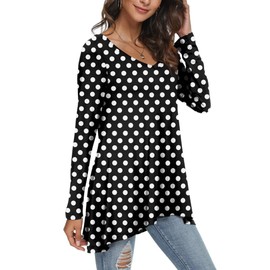 POPYOUNG Women's Long Sleeve Tunic Tops Fall Shirts to Wear with Leggings Loose Fit Dressy V-Neck Blouse M-5XL XXL, Polka Dot Black