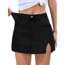 FEKOAFE Womens Tiered Denim Skirts 2025 Stretchy High Waisted Jean Skirt with Slit Black Medium