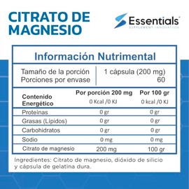 ESSENTIALS INNOVATION Citrato de magnesio 200 mg | 60 cápsulas | Essentials Innovation