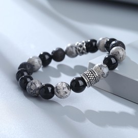 Silver Thunder Men's Bracelet, Natural Stone, Power Stone, Obsidian, Volcanic Stone, Obsidian, Snowflake Stone, Natural Stone, Large Bracelet, Cool Energy, Gift, Popular, Gift, Valentine's Day,