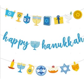 LOONELO Happy Hanukkah Hanging Banners, Chanukah Banner Sign, Hanukkah Party Decorations, Chanukah Hanging Decorations for Jewish Holiday Celebration Festival Home Yard Party Favors Supplies