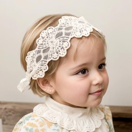 Bethynas Baby White Lace Elastic Headband Toddler Hair Bow Baptism Christening Hairband Infant Soft Fabric Birthday Party Headwrap Accessory for Newborn Little Girl (Off-white 3, Elastic)