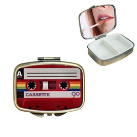 Renabro 2 Compartment Pill Organizer Metal Portable Pill Box 2 Times a Day for Vitamin,Supplements Cassette Tape(Tape 02)