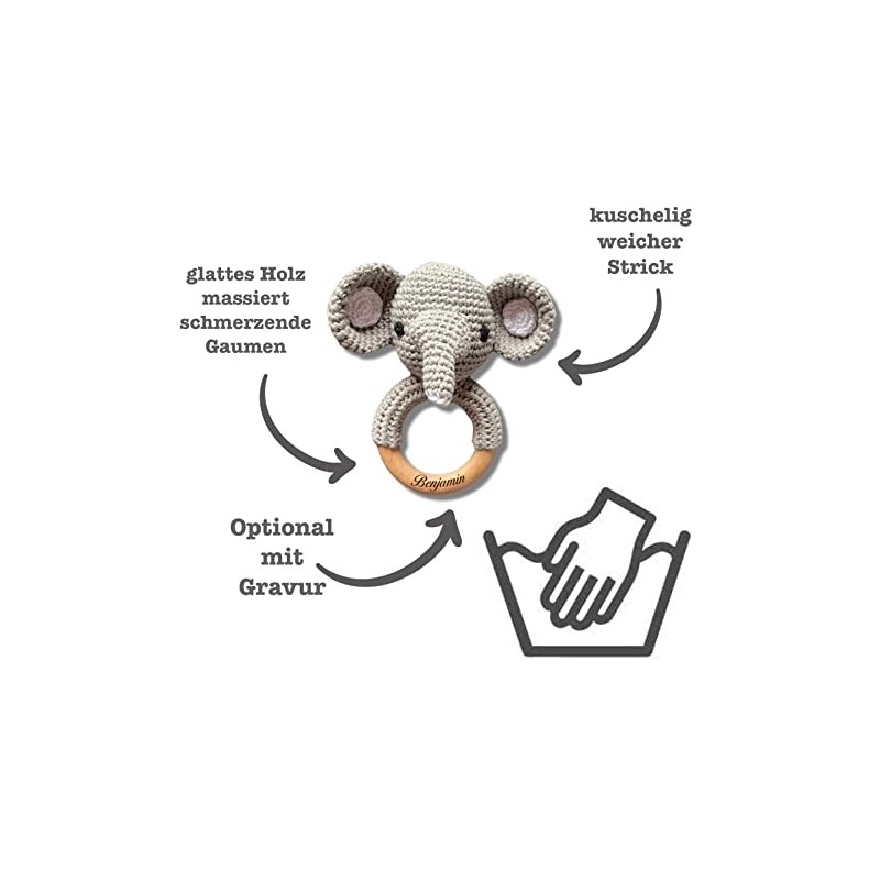 Babyrassel ELEFANT (klein) gehäkelt personalisiert/ohne Personalisierung (Ohne Personalisierung)