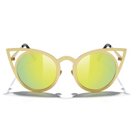 MERRY'S Cat Eye Sunglasses Round Metal Cut-Out Flash Mirror Lens Metal Frame Sun glasses S8064 (Gold, 50)