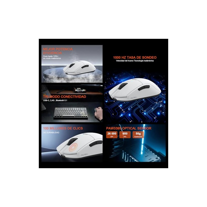 DAREU A950GM Mouse Inalámbrico, Blanco Raton Gamer 60g Ultraligero