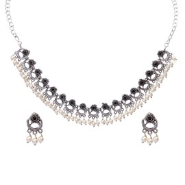 Efulgenz Indian Oxidized Jewelry Antique Boho Oxidized Indian Jewelry Necklace Sets Floral Choker Black Crystal Necklace Set Faux Pearl Drop Dangle Earrings Bohemian Statement Jewelry Set for Women,