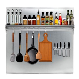 GarveeTech 29.5"x29.5" Stainless Steel Range Backsplash for Stove Hood - Wall Mount Kitchen Back Panel with Storage Shelf & Knife Rack - Install with Pre-Drilled Holes - Commercial Backsplash Shield
