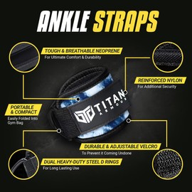 Titan Armour® Single Ankle Straps for Cable Machines | Gym Cuffs w/Heavy-Duty Steel Double D-Rings & Adjustable Strap | Lower Body Workouts Inc. Leg Curl & Glute Kickback (Blue Tie Dye)