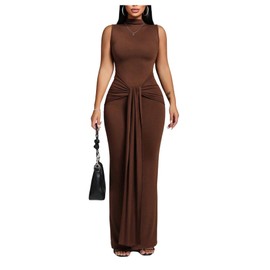 SOLY HUX Women's Bodycon Maxi Dress Tie Front Mock Neck Sleeveless Cocktail Party Long Dresses Solid Brown Small