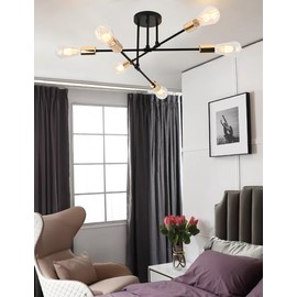 Btomgzome Modern Sputnik Chandelier 6-Light Semi Flush Mount Ceiling Pendant Lighting Golden Industrial Pendant Light Fixture for Living Room Dining Room Bedroom Kitchen (Black+Gold)
