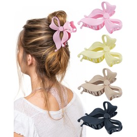 4 PCS Bow Hair Clips Bow Claw Clip for Women, Large Hair Claw Clips for Thin Thick Long Hair Cute Nonslip Bows (Black+Light Brown+Off-White+Light Pink)