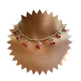 Cimenexe Bohemian Ruby Cherry Choker Necklace Gold Cz Tennis Chain Necklace Red Crystal Cherry Pendant Necklace Tiny Rhinestone Cherry Dangle Necklace Jewelry for Women and Girls Gifts
