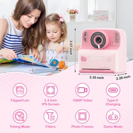 Contixo KC2A Kids Instant Print Camera with 2.4” Screen, 12MP Photo, 1080P Video, 3 Print Rolls, MP3 Player, Type-C Charging – Fun Digital Camera Gift for Girls & Boys Ages 4–12 Pink