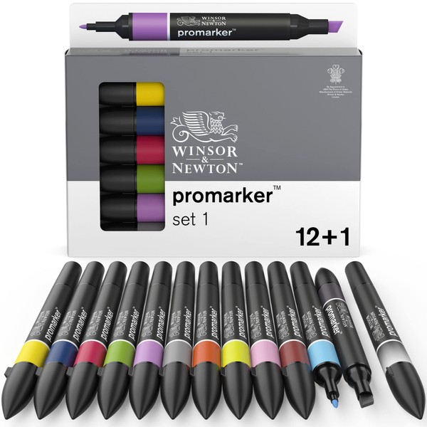 Winsor & Newton, Promarker, Essential Colours I, Set of 12+1 Blender, Alcohol Based Dual Tip Markers