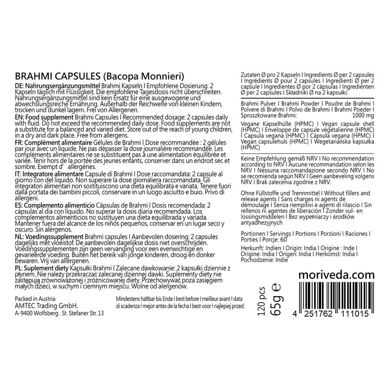 MoriVeda Brahmi Capsules with Brahmi Plant Powder (Bacopa Monnieri) 60