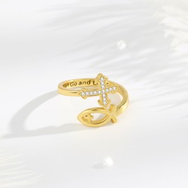 EUDORA Harmony Ball Cross Ring Jesus Fish Symbol Rings for Women Men S925 Sterling Silver, Cross Ichthys Sacred Heart Adjustable Ring Faith Jewellery Christian Gift for Women Men, Sterling Silver