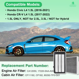 CA12050 Engine Air Filter & CF11182 Cabin Air Filter for Honda | Compatible with CR-V(2017-2022), Civic(2016-2021) (1.5L ONLY) | (NOT for Hybrid) | 17220-5AA-A00, 80292-TF0-G01