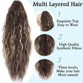 Ponytail Extension, Claw Clip on Pony tails Hair Extension for Women 18 Inch Long Wavy Curly Fake Ponytail Clip in Hair Pieces for Women Fluffy Natural Looking (Dark Chestnut with Blonde Highlights)