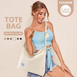 EIMMBD Corduroy Tote Bag for Women Tote Bag Aesthetic Handbags Shoulder Bag Crossbody Bag with Zipper for Beach Shopping Travel Work(Beige)