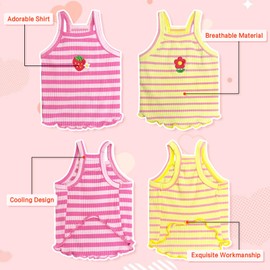 Yaopelky 2 Pieces Small Medium Dogs Summer Clothes Dog Striped Shirt Cute Flower Strawberry Embroidery Vest Pet Outfit for Chihuahua Yorkie Teddy (Pink-Yellow, S)