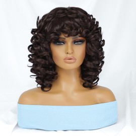 Short Big Curly Afro Wigs with Bangs for Black Women Dark Brown Loose Curly Wigs for Black Women Synthetic Heat Resistant Fluffy Cute Bouncy Wig for Black Women 250g (14 Inch, 33)