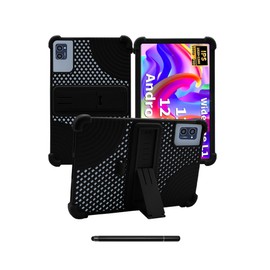 for JJGJ P60 10 inch Android Tablet Case,BOVUGAC Soft Silicone with Capacitive Pen,Heat Dissipation Design,Adjustable Stand,Shockproof,Kids Friendly(Black)