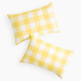 Wake In Cloud - Plaid Pillow Cases, Buffalo Check Gingham Checkered Farmhouse, Set of 2 Soft Pillowcases Pillow Shams Covers, Yellow White, Standard Size 20x26 Inches