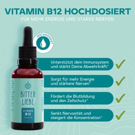 BitterLiebe - Vitamin B12 drops high dose - 500 μg B12 per daily dose - double active with methylcobalamin and adenosylcobalamin - supports blood formation * and the nervous system *